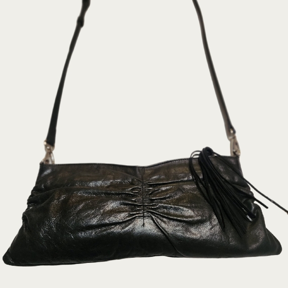 HOBO Black Crossbody Bag with Ruched Leather and Tassel - Picture 1 of 14